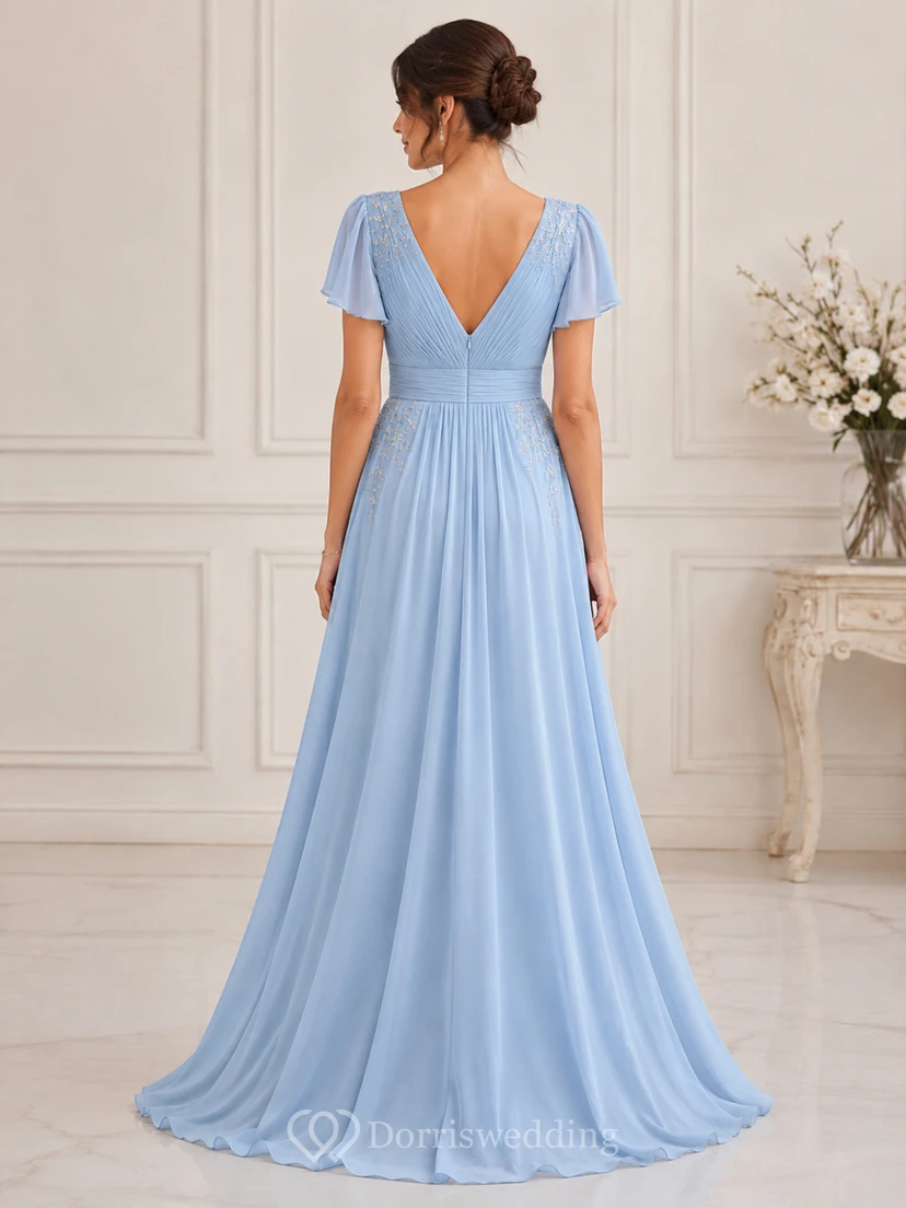 A-Line Mother of the Bride Dress with V-neck, Short Sleeve and Pleats, Floor Length view 2