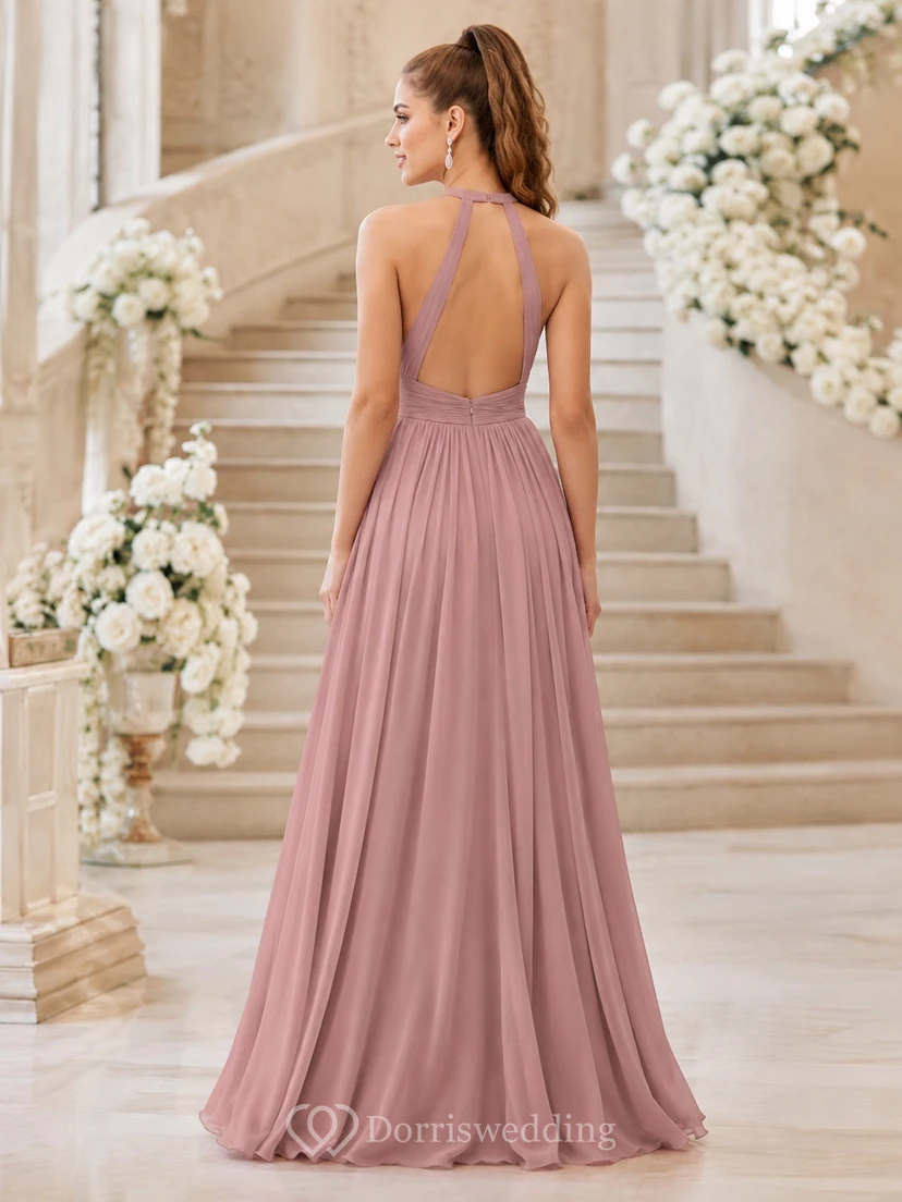 Romantic Dusty Rose Straps Sleeveless Tulle A-Line Floor-length Bridesmaid Dress view 2