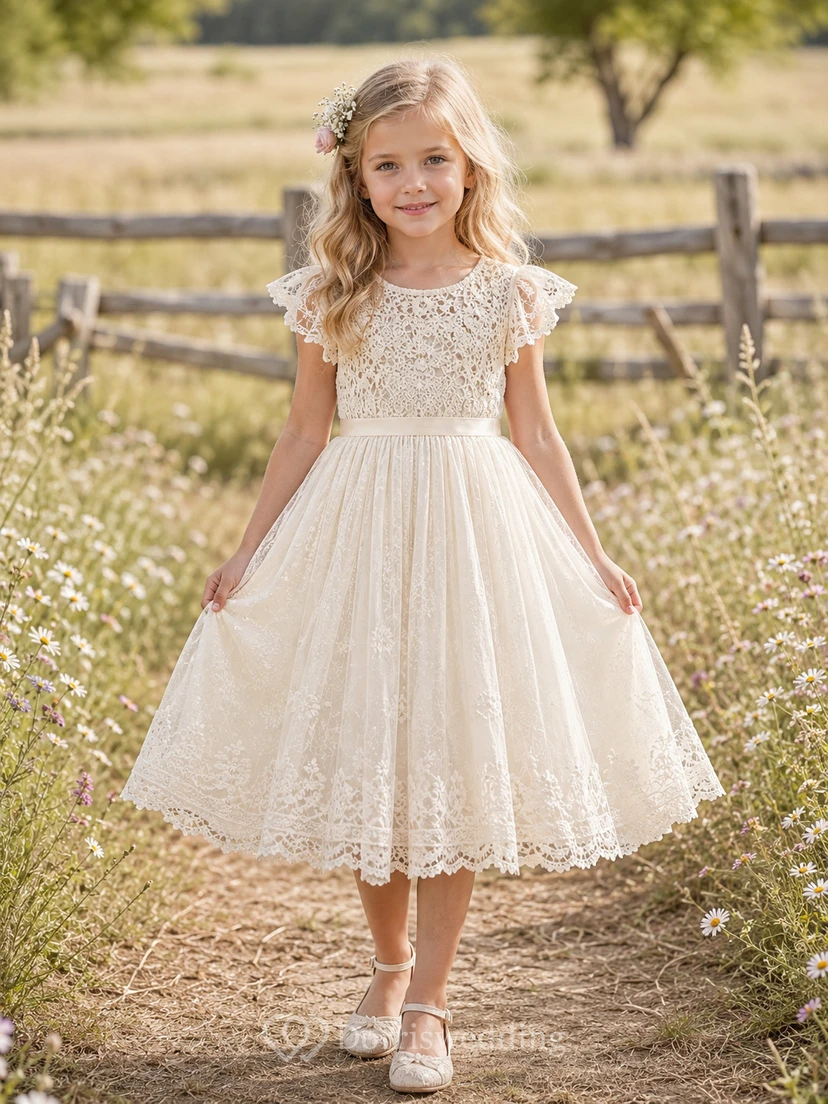 Romantisches Boho-Kleid aus Häkelspitze und Tüll mit Teelänge, Blütenblattärmeln und ländlichem Garten-Flair