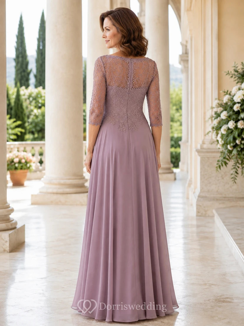Vestido de maternidad largo hasta el suelo, de gasa con encaje floral, escote corazón ilusión y mangas tres cuartos, color malva. view 2