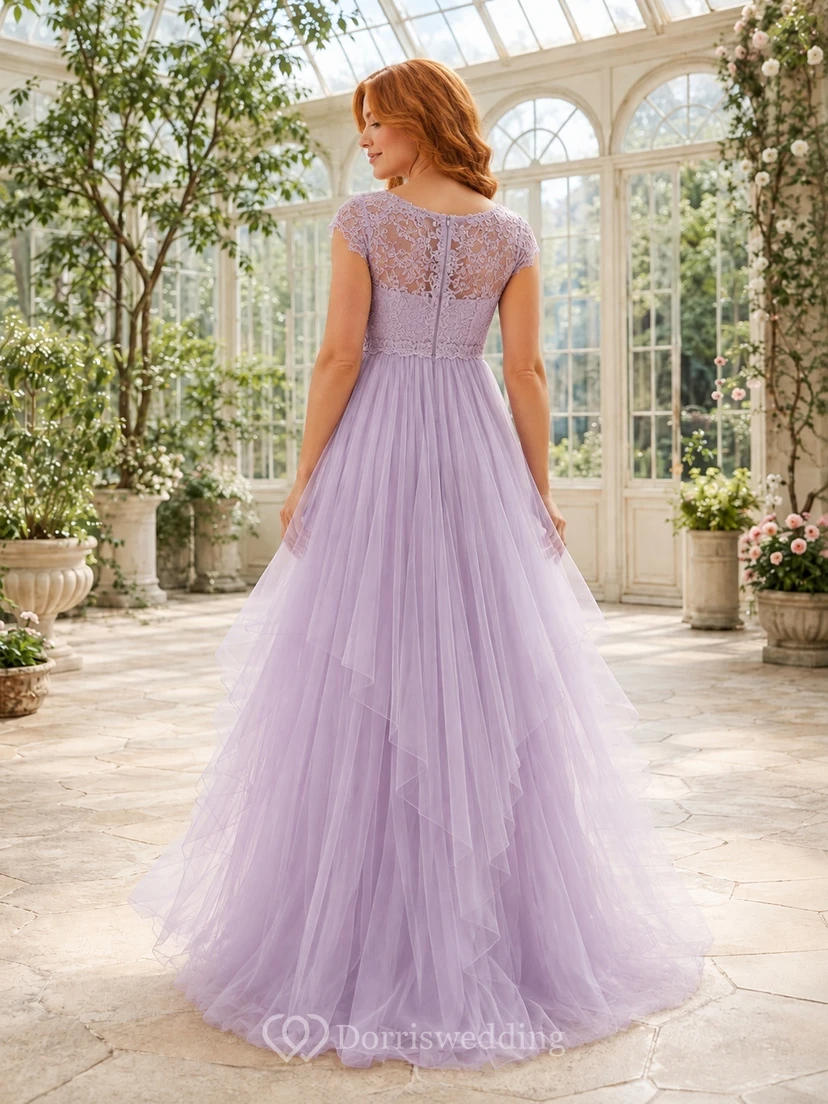 Lavender Maternity Tulle Volume Jewel-Neck A-Line Floor-Length Romantic Evening Gown view 2