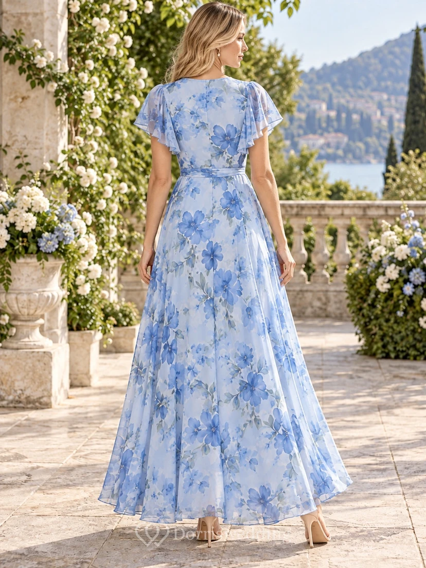 Vestido de invitada largo hasta el suelo, corte A, escote en V, manga corta, estampado floral azul cielo view 2