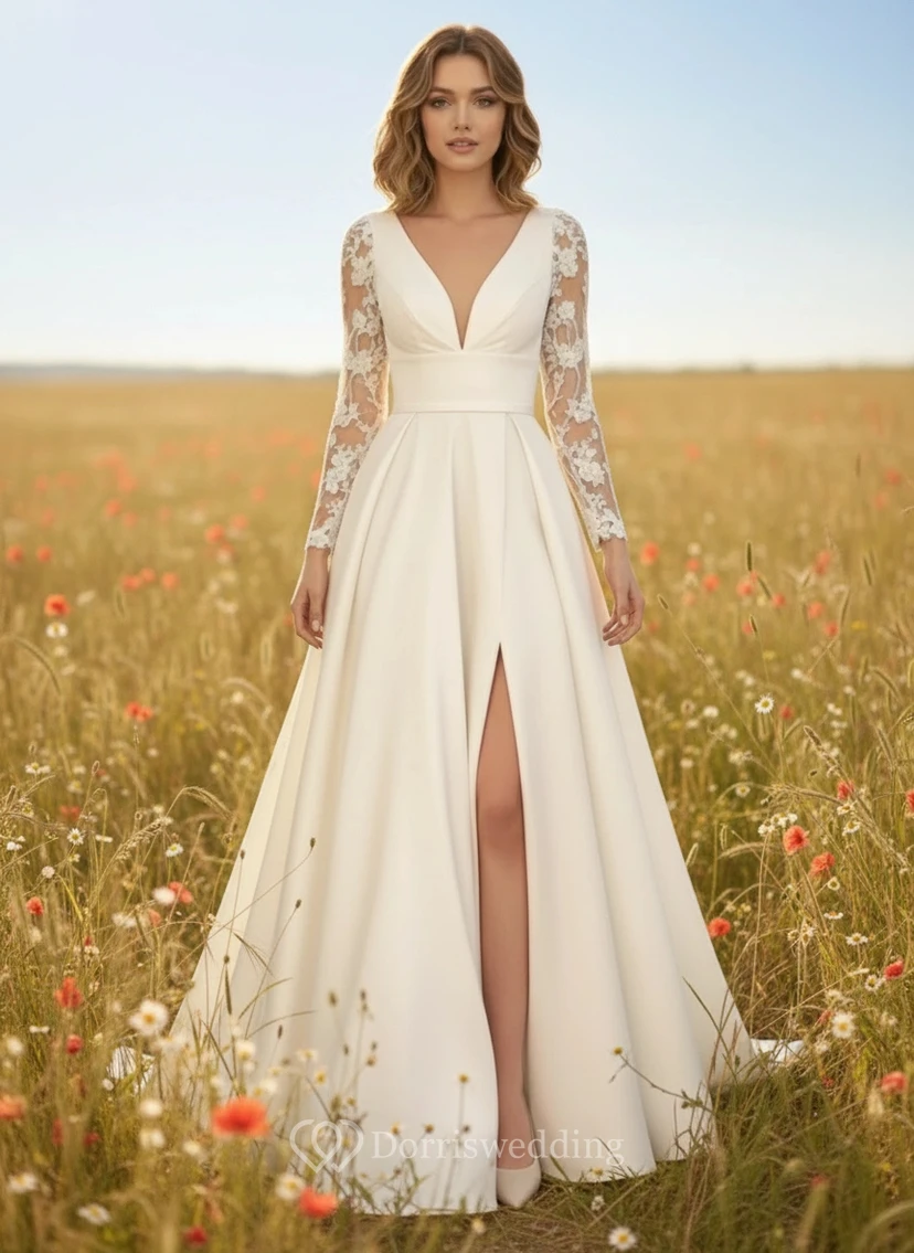 V-Neck Illusion Long Sleeve Satin Lace Wedding Dress view 2