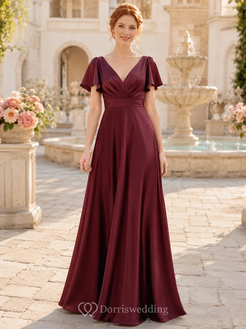 Estate Formal Burgundy Romantic Elegant A-Line Chiffon Bridesmaid Dress with V-Neck Short Sleeve Floor-Length Draped Low Back