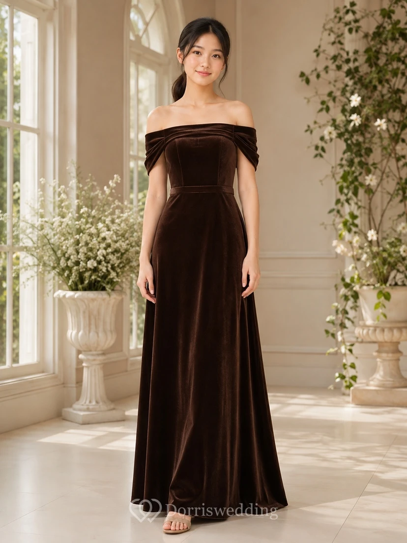 Schokoladenbraunes Brautjungfernkleid, A-Linie, schulterfrei, kurze Ärmel, Blütenblatt-Samtschleife, elegant
