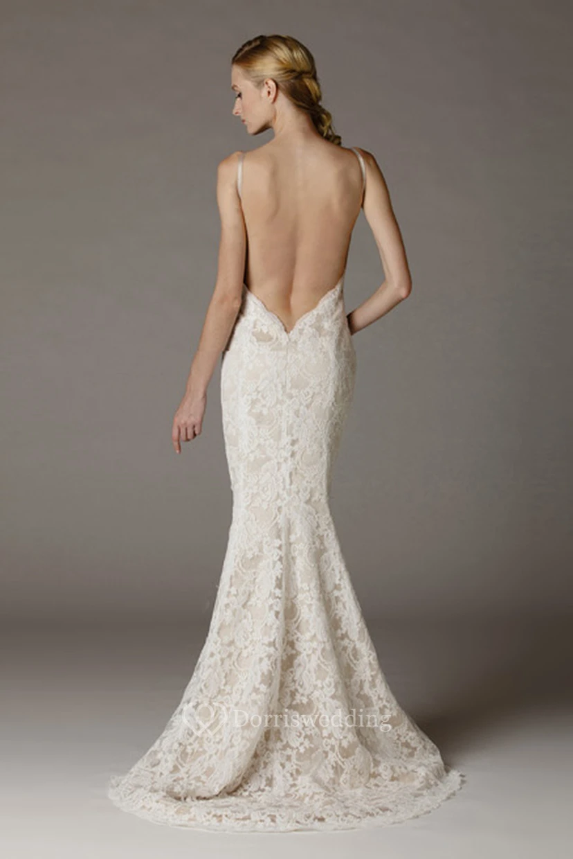 Trumpet Appliqued V-Neck Sleeveless Long Lace Wedding Dress With Flower view 2