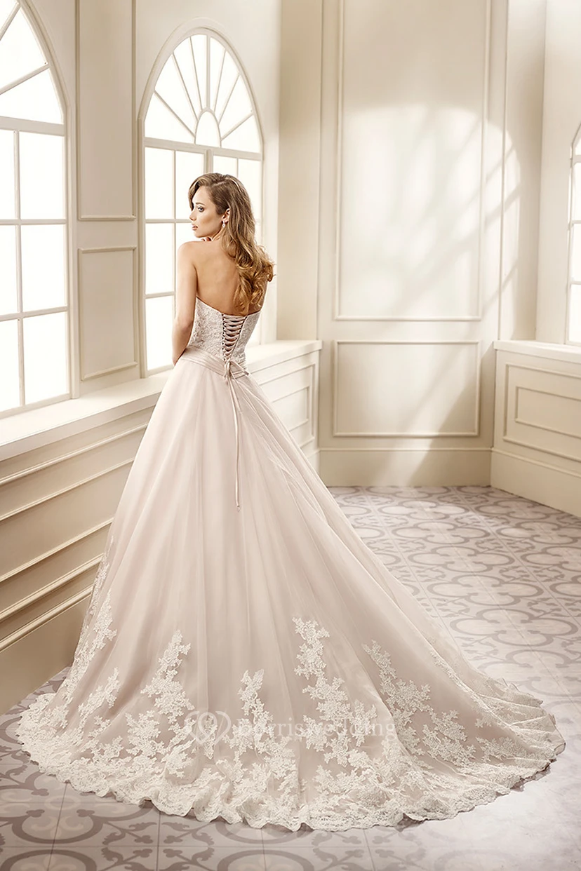 A-Line Sweetheart Long Lace Wedding Dress With Appliques And Corset Back view 2