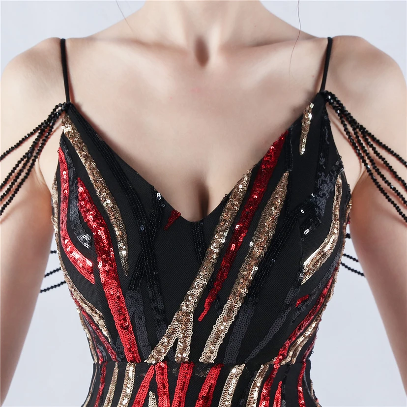 Sequined Striped Color Matching Slim Dinner Host Suspender Long Dress For Women view 17