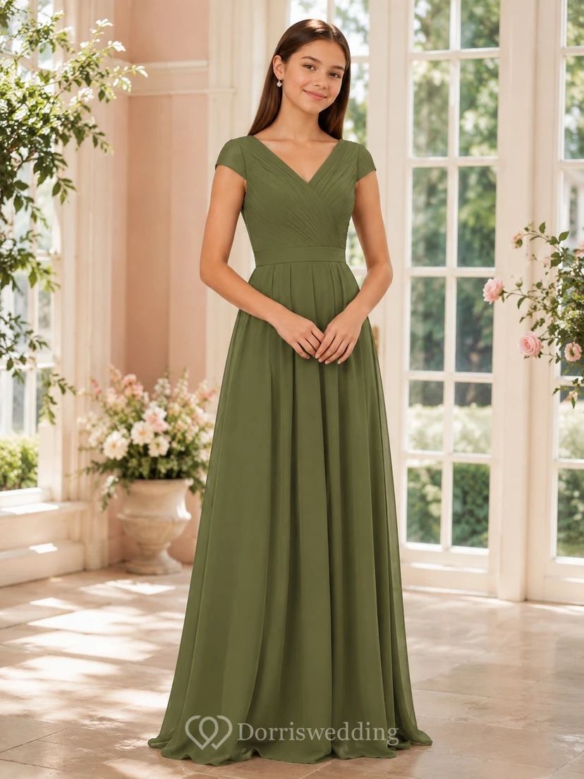Vestido de dama de honor juvenil verde oliva, corte en A, escote en V, manga corta, elegante y formal.