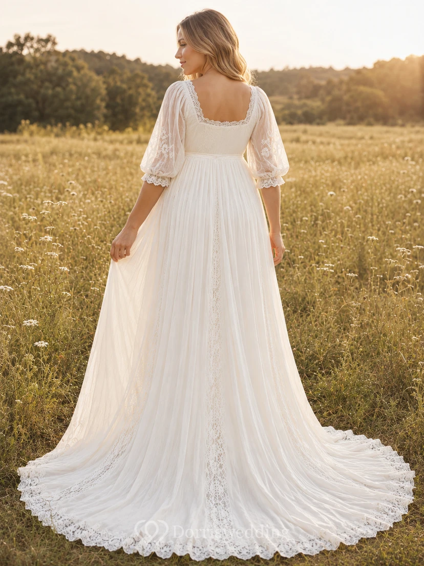 Maternity Wedding Dress Square Neck Puff Sleeve Lace A-Line Gown with Sweep Train view 2