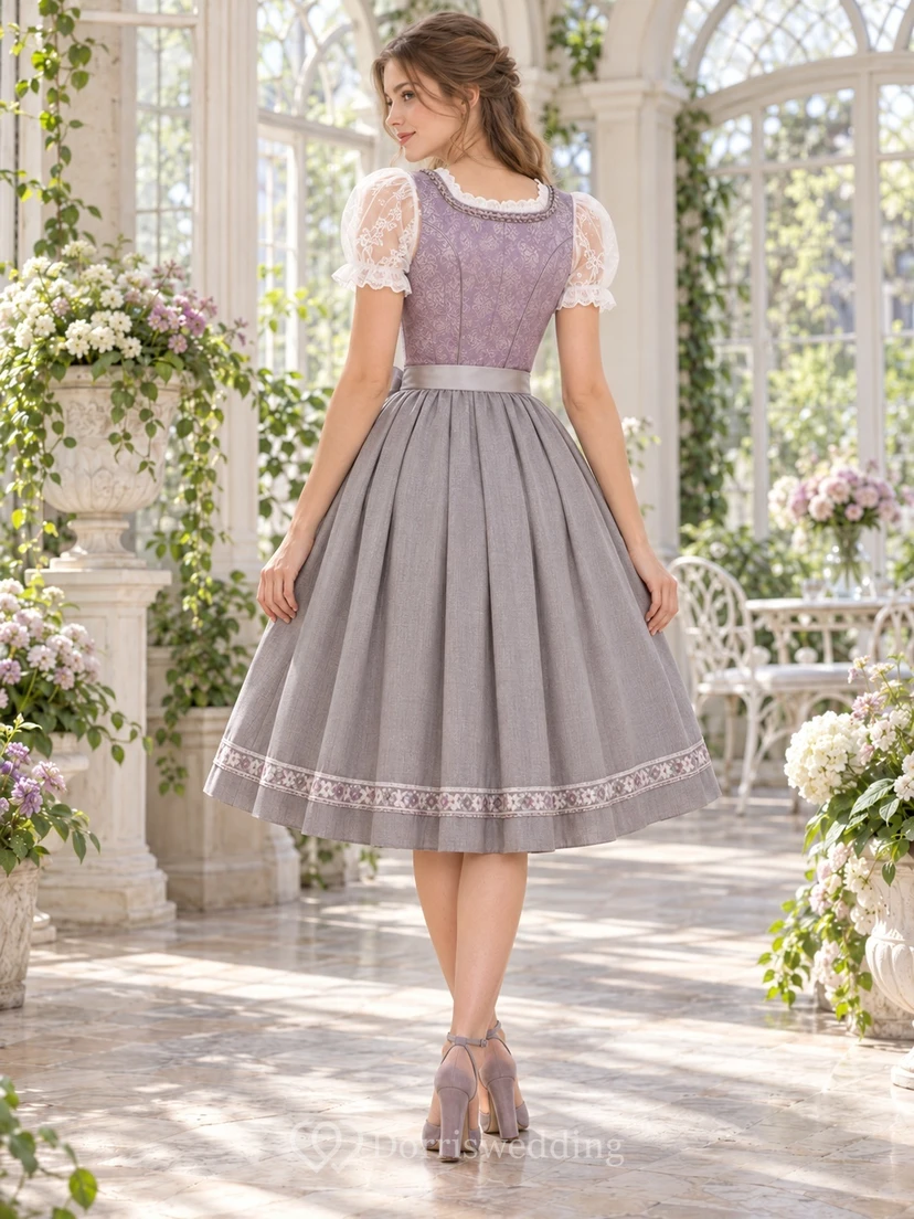 Vintage Mauve Sweetheart Lace Sleeve Scalloped Apron Dirndl Dress view 2