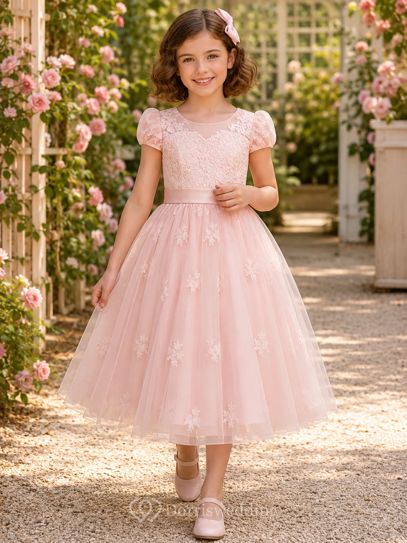 A-Line 1950s Tea-Length Flower Girl Dress with Puff Sleeves, Lace Bodice, Soft Tulle Skirt, Tea-Length Hem, 1950s Garden Style