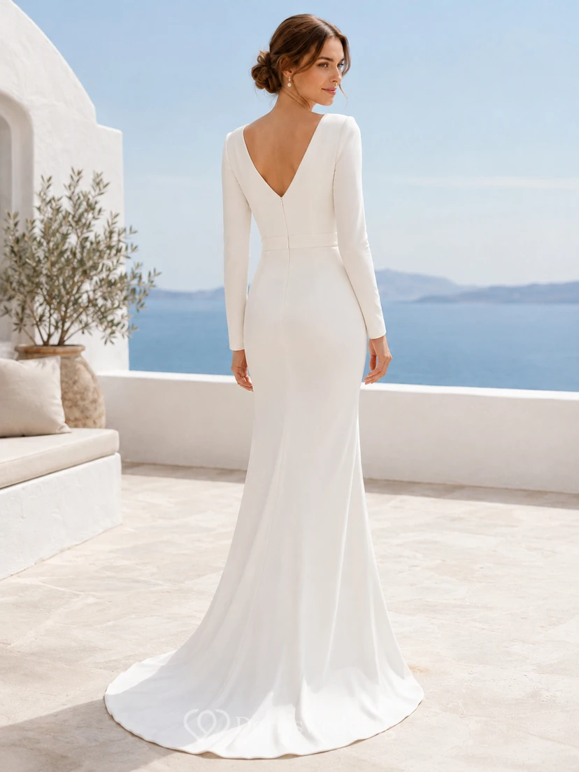 Minimalist V-Neck Long Sleeve Stretch Satin Sheath Sweep Wedding Dress view 2
