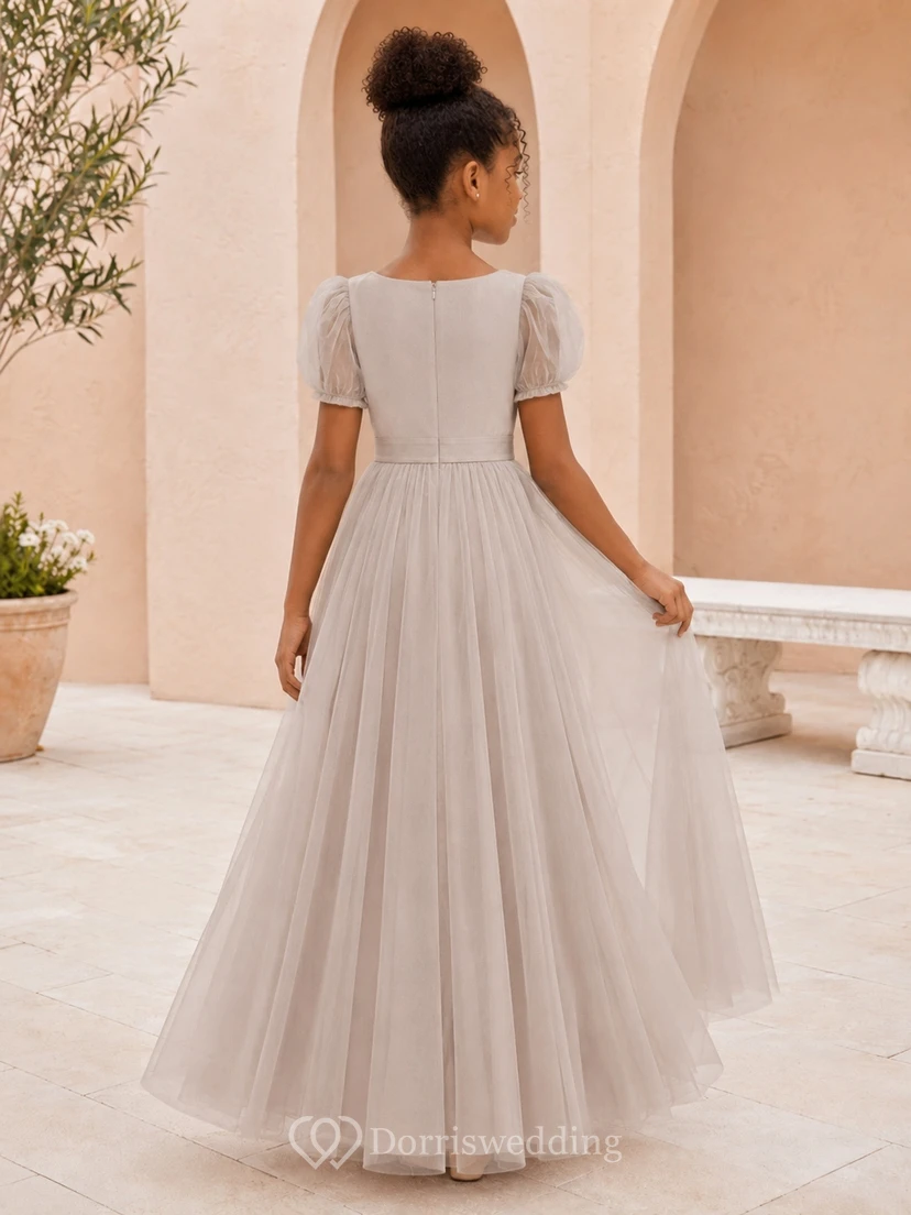 Junior-Brautjungfernkleid, A-Linie, eckig, kurze Puffärmel, Tüll, schlicht und elegant view 2