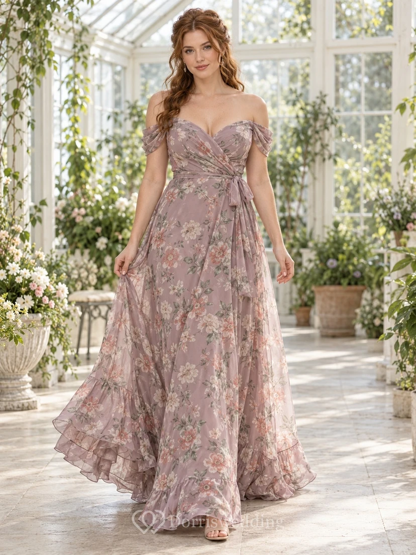 Vintage Mauve Floral Print Off-Shoulder Ruffled Floor-Length Chiffon Bridesmaid Dress