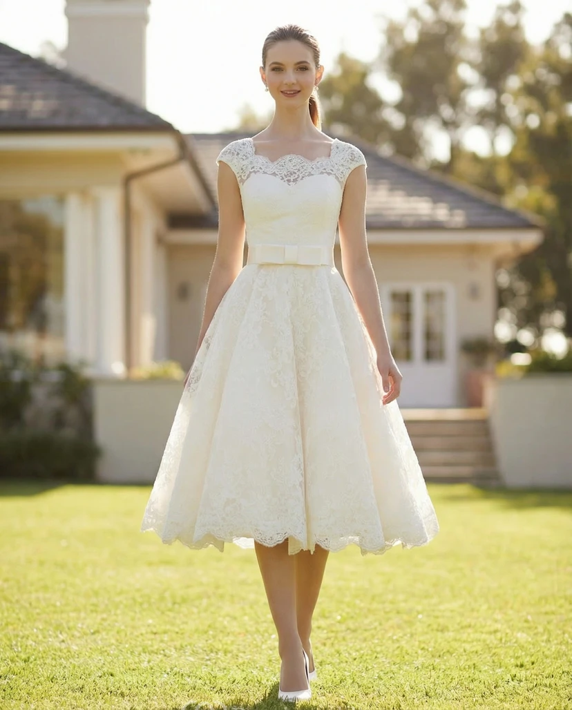 Vestido de novia de largo midi con escote cuadrado y encaje de cinta view 3