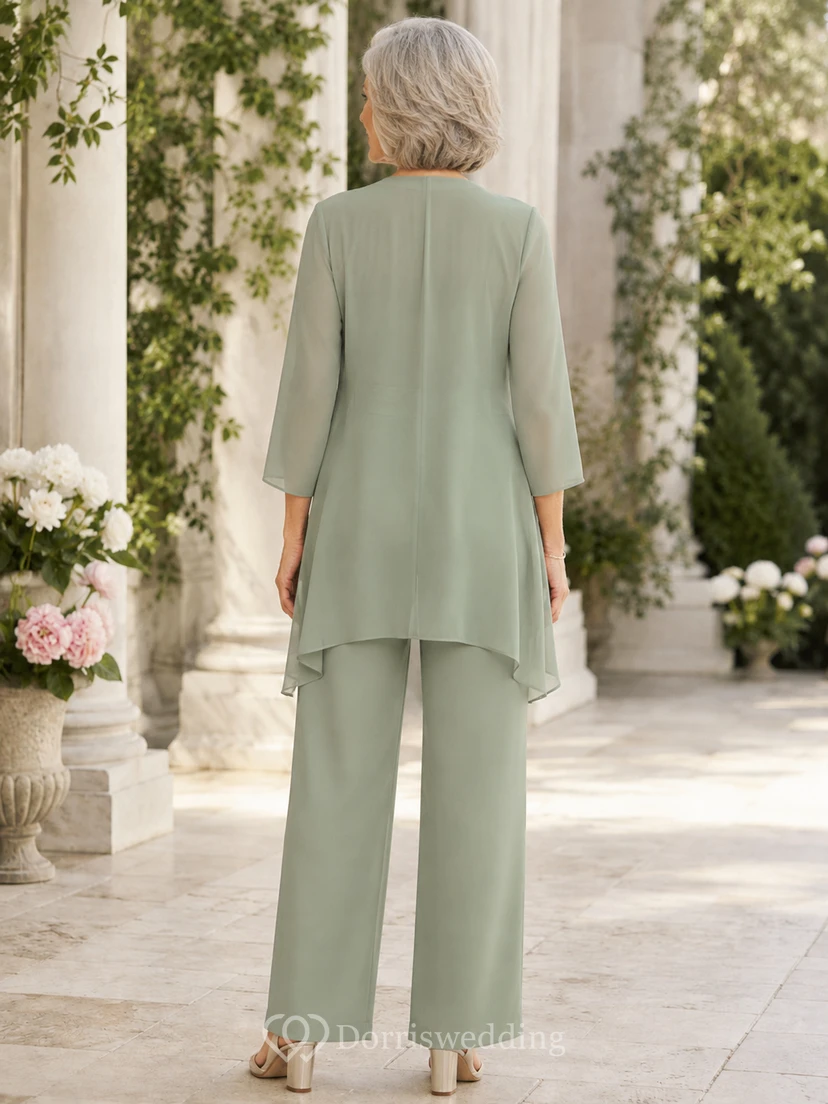 Sage Mother Jumpsuit with Jewel Neck Sheer Jacket and Ankle Length Pants view 2