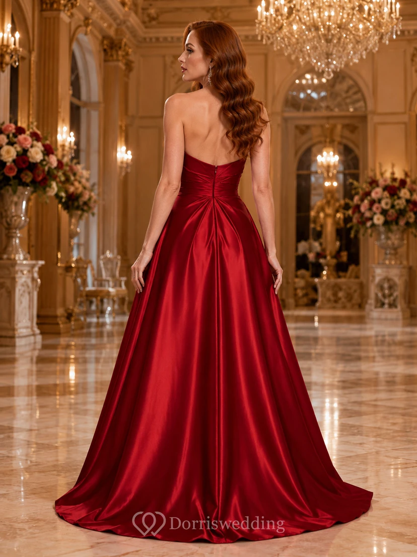 Red strapless sweetheart satin A line slit gala gown view 2