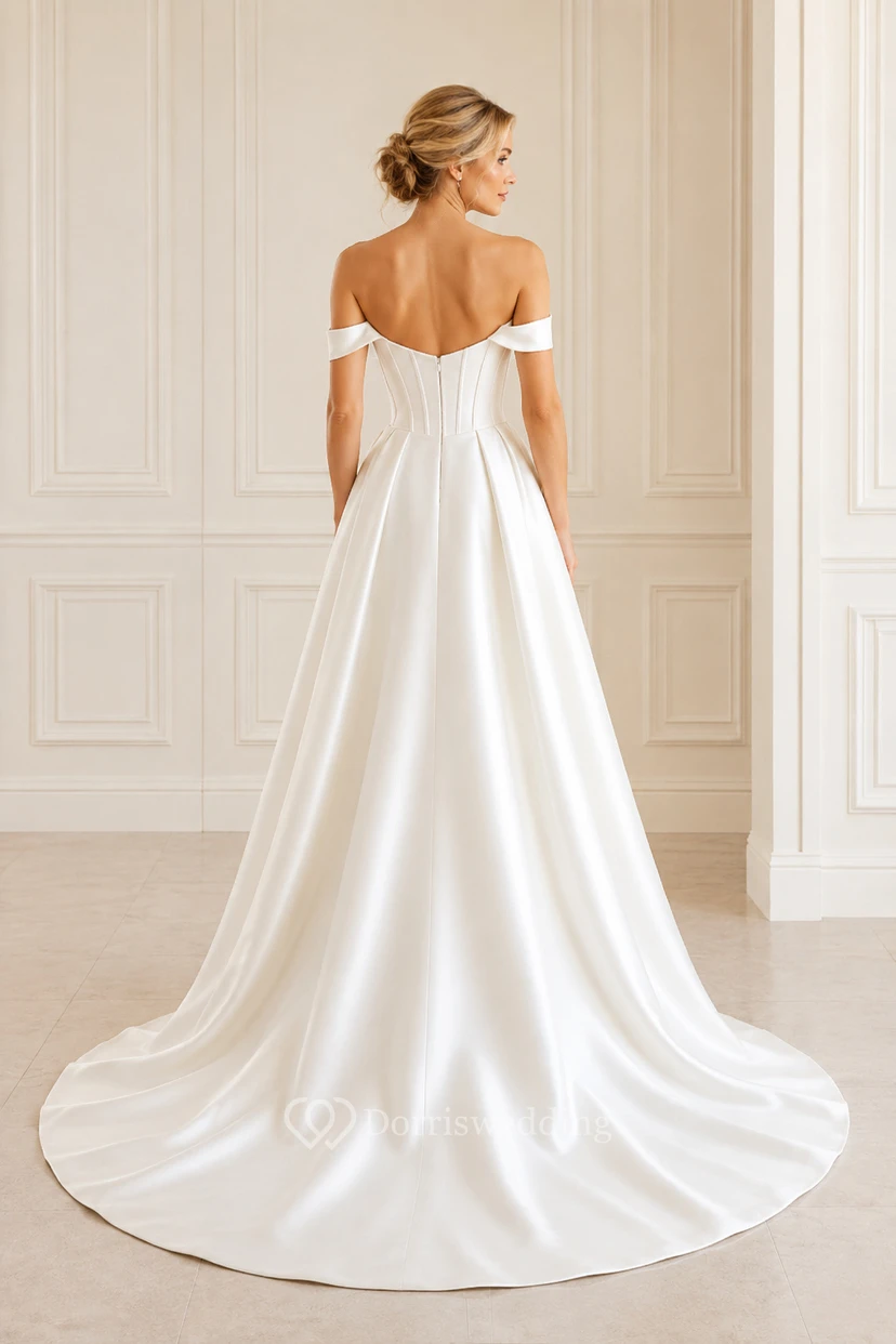 Vestido de novia de satén con escote Bardot y corte en A, corpiño tipo corsé. view 2