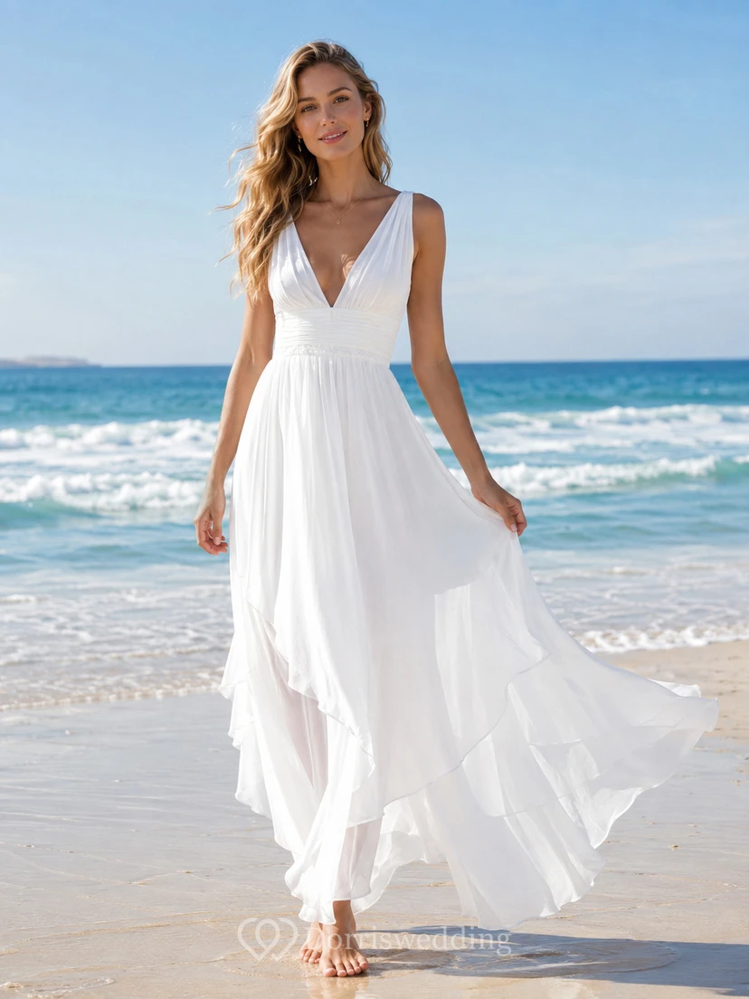 Beach Simple V-Neck Chiffon A-Line Destination Wedding Dress