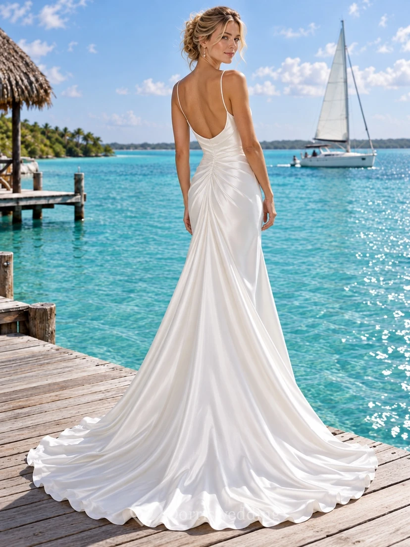 Mermaid Cowl Neck Charmeuse Wedding Dress with Ruched Waist and Thin Straps view 2