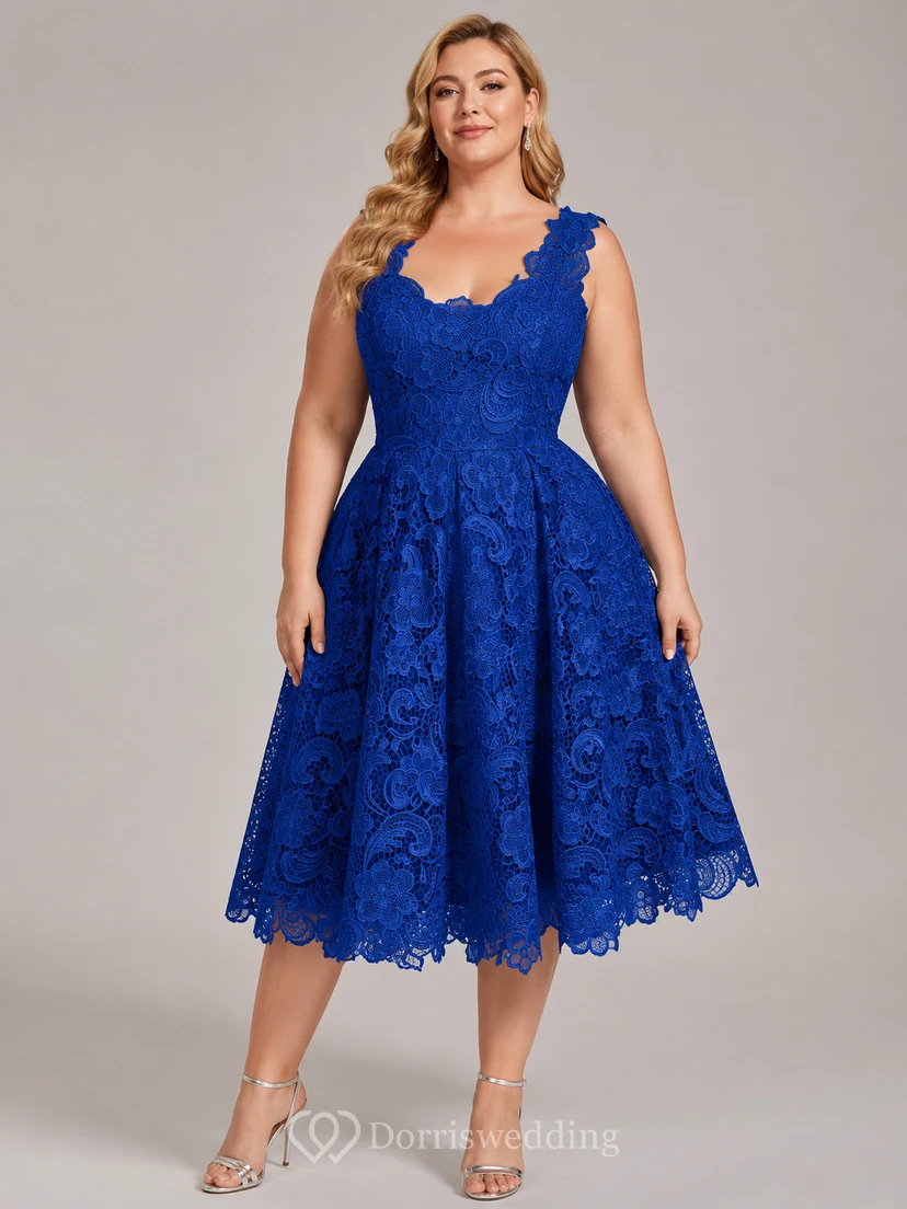 Low V Neckline A-line Knee Length Lace Dress view 4