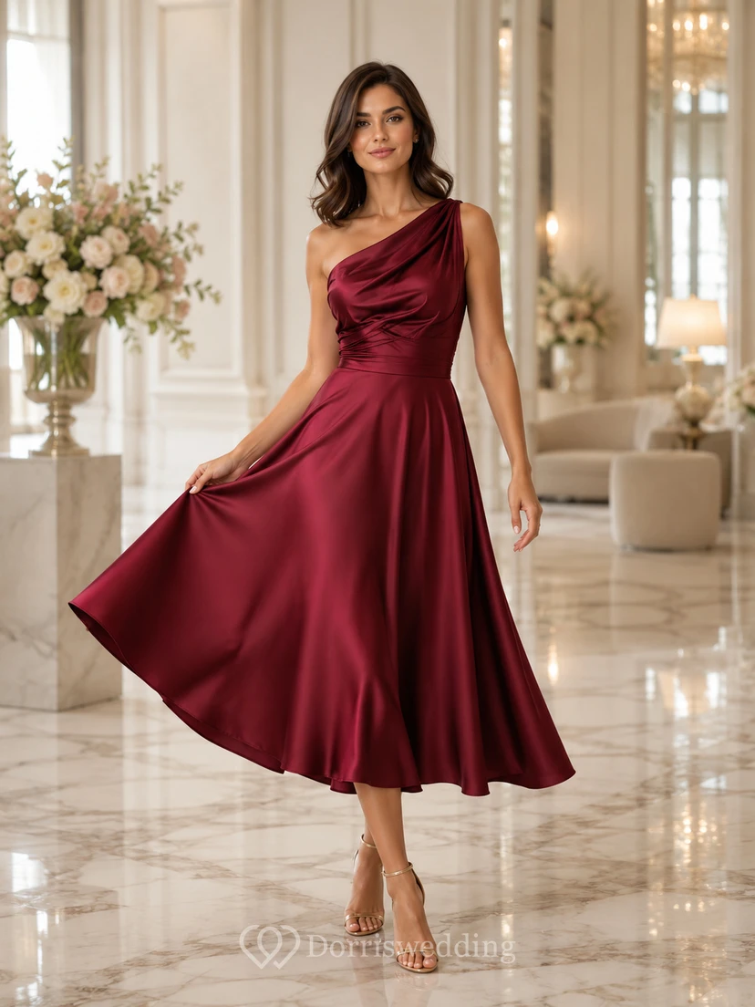 Vestido de fiesta rojo de satén drapeado de un solo hombro, corte A, para invitada a tomar el té.