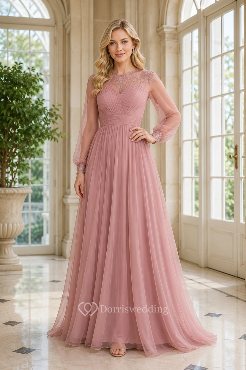 Robe de cérémonie modeste en tulle rose poudré à manches longues et coupe trapèze, avec corsage en dentelle, idéale pour la mère de la mariée et les invitées au mariage.