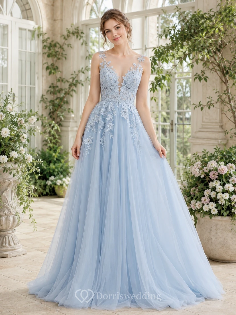 Sky Blue Chiffon V-Neck Cap Sleeve A-Line Prom Gown