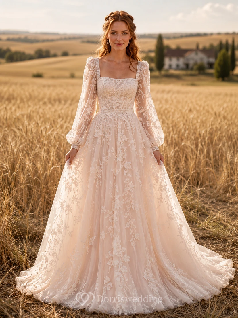 Country Tulle Wedding Dress A-Line V-Neck Flutter Sleeve Chapel Train Low V Back Bridal Gown