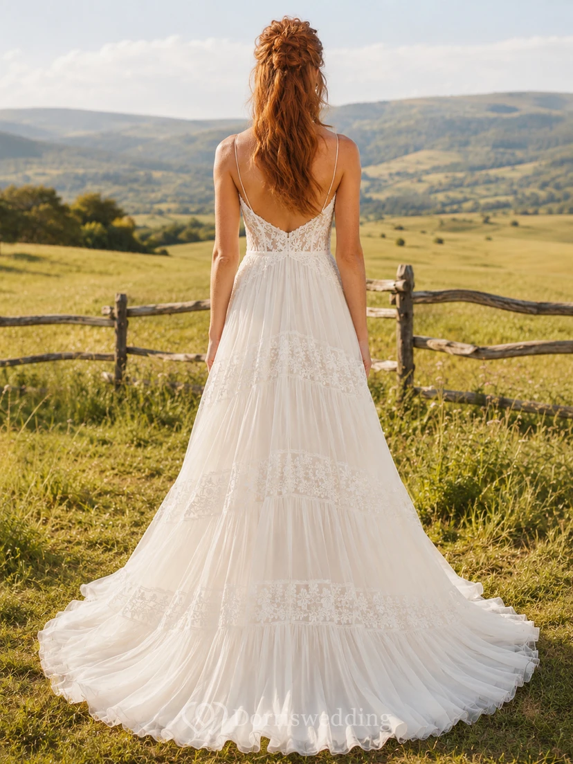 Country Lace Tulle Wedding Dress A-Line Spaghetti Strap Chapel Train Low V Back Bridal Gown view 2