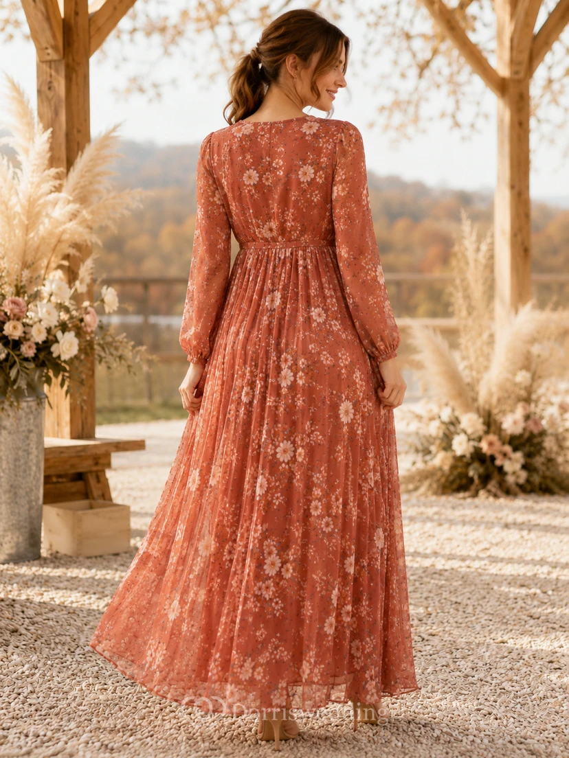 Orange V Neck Long Sleeve Floral Chiffon Floor Maternity Guest Gown view 2