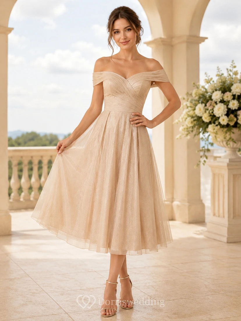 Robe midi courte en tulle champagne à épaules dénudées et manches courtes, coupe trapèze, pour petites tailles
