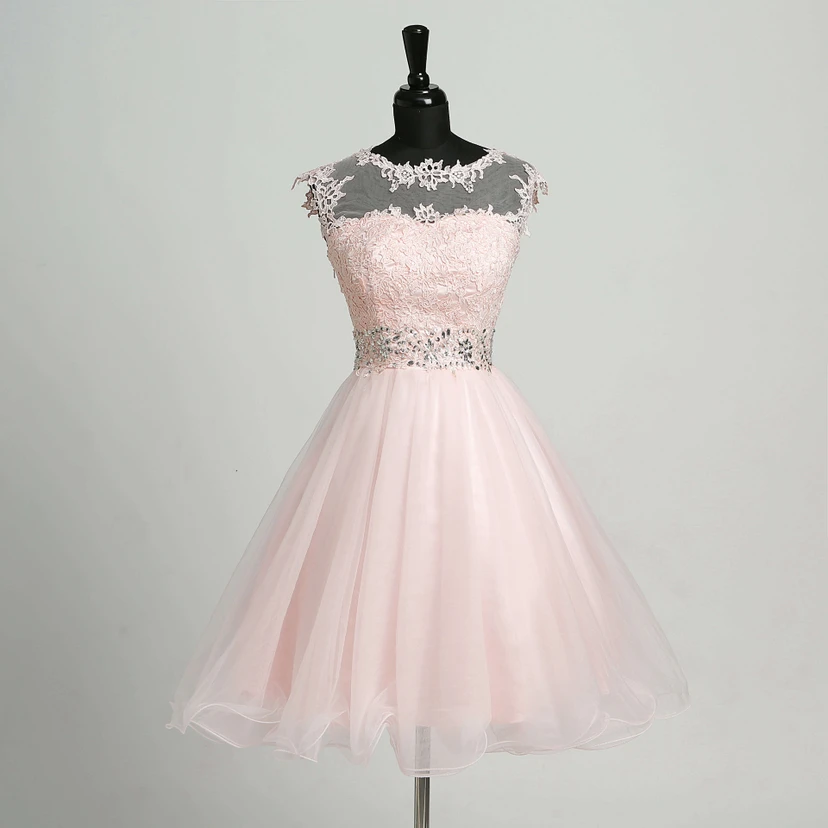 A-Line Sleeveless Short Mini Illusion Adorable Lace Dress with Appliques Lace Sequins