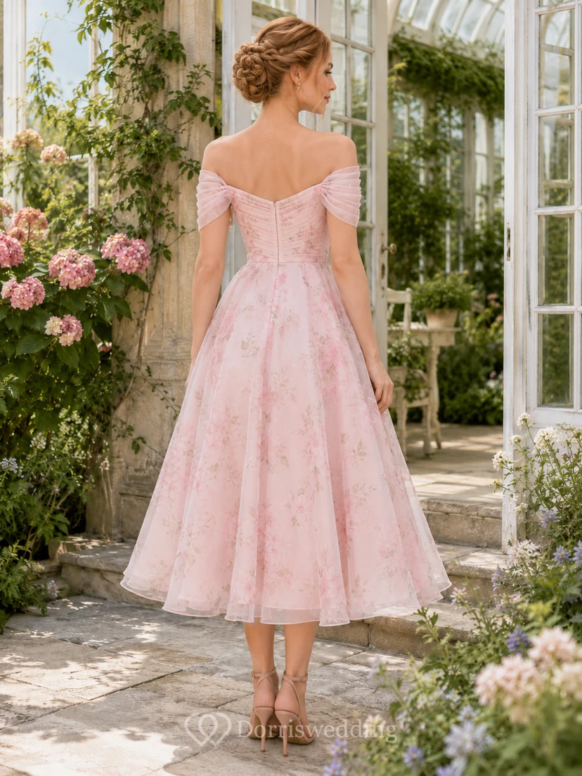 Blush Garden Wedding Guest Dress A-Line Chiffon Lace Off Shoulder Sleeveless Tea-Length Floral view 2