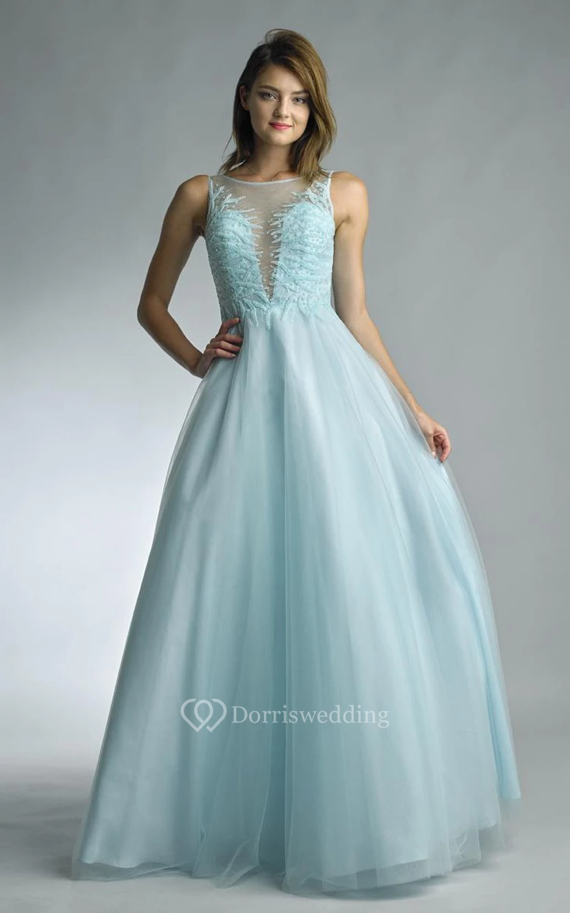 A-line Floor-length Bateau Sleeveless Tulle Low-V Back Dress view 6