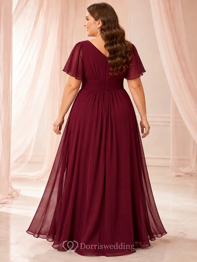 Burgunderfarbenes Chiffon-Abendkleid in Übergröße mit flatternden Ärmeln und Wickeloptik view 2
