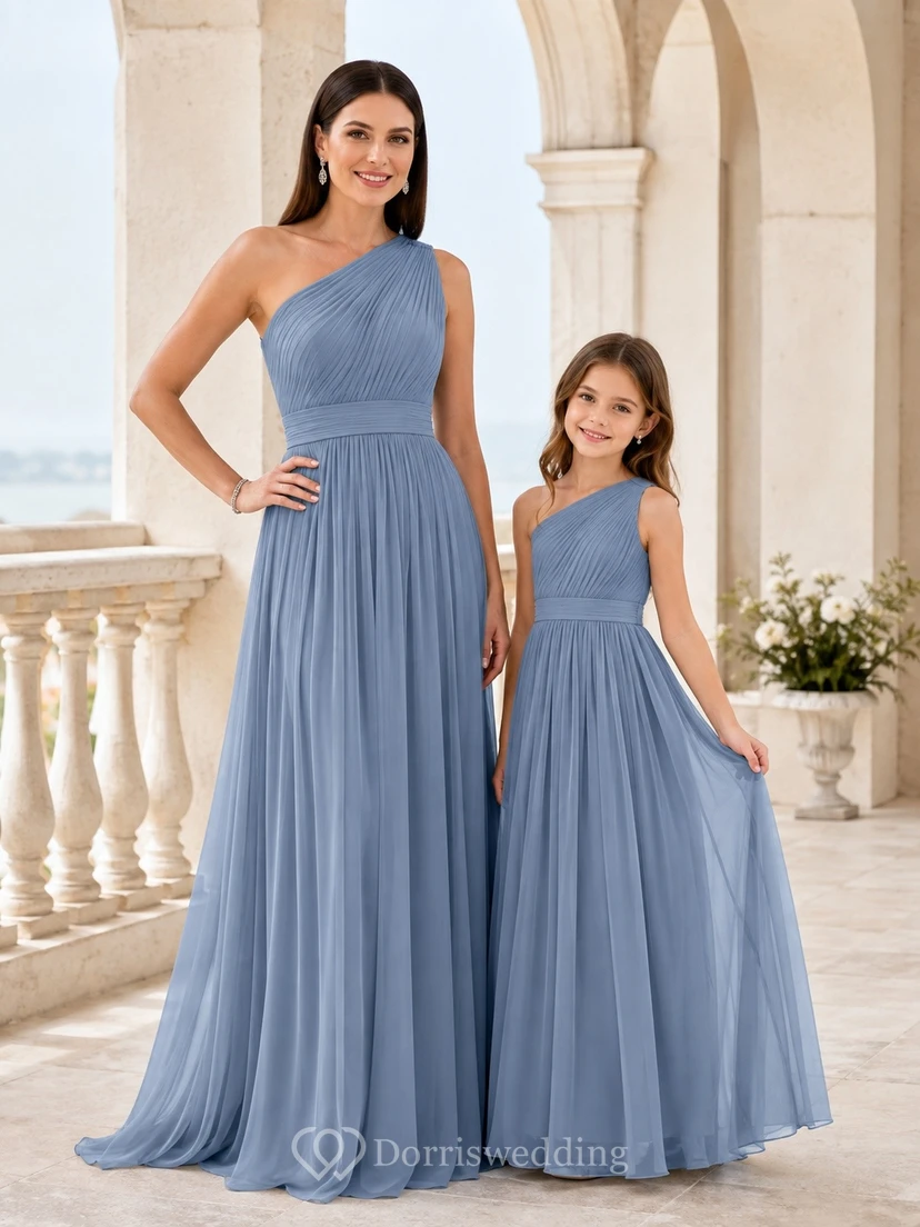 Schieferblaues Chiffonkleid mit One-Shoulder-Ausschnitt, A-Linie und bodenlang, Mutter-Tochter-Partnerlook