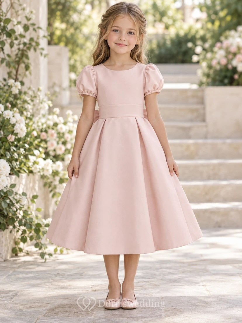 Simple Tea-length Pearl-pink Jewel Puff-sleeve Banded Box-pleated Bow-back Zipper-back A-line Flower Girl Dress