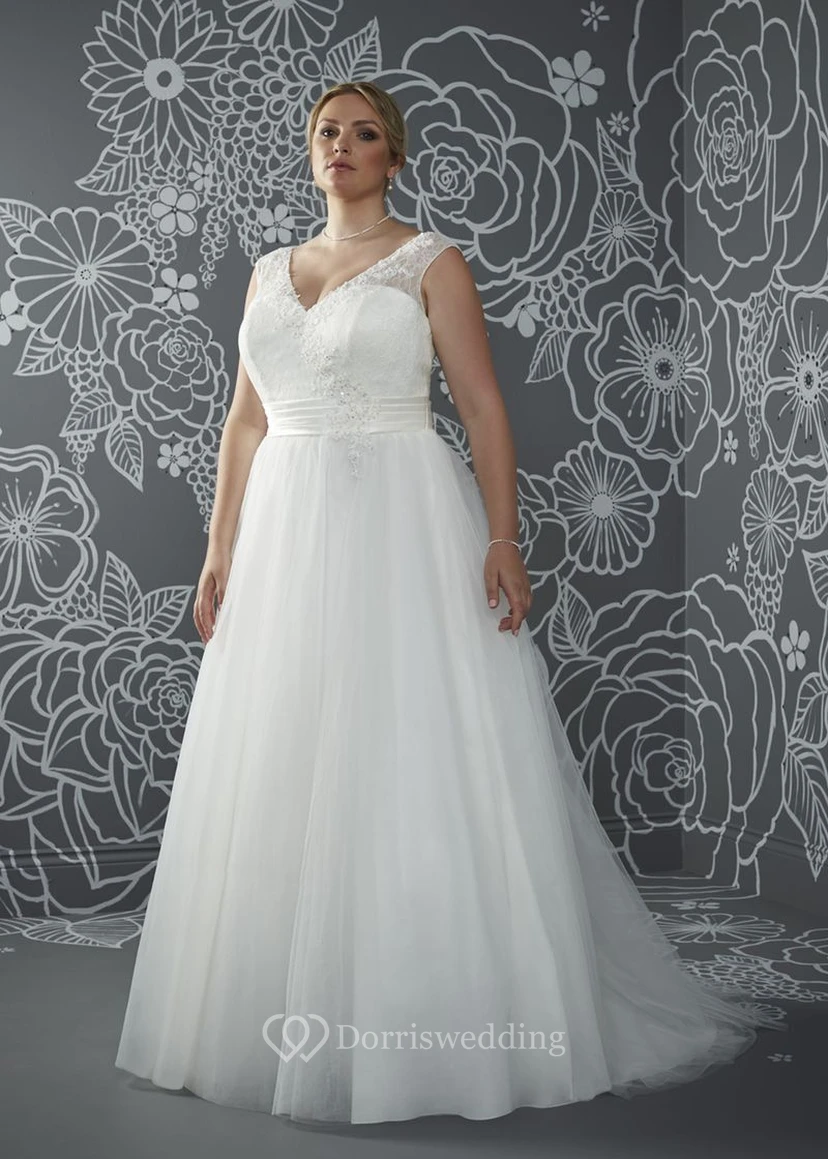 A-Line Floor-Length V-Neck Sleeveless Tulle Sweep Train Low-V Back Appliques Dress