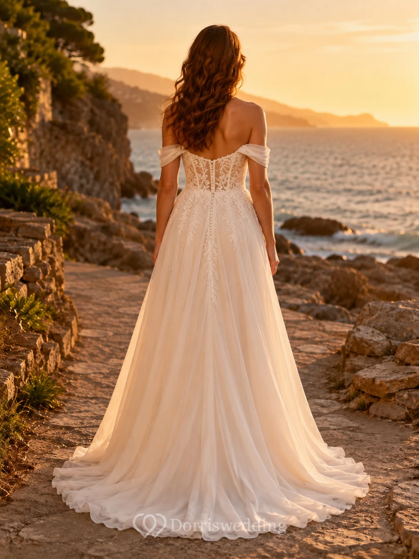Beach Lace Tulle Wedding Dress A-Line Strapless Sweetheart Sweep Train Bridal Gown view 2