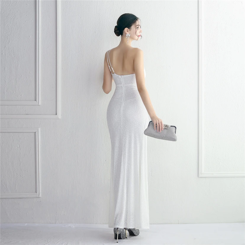 Sequined One-Shoulder Celebrity Cold Banquet Slit Long Sequin Aura Queen Dinner Fishtail Dress view 84