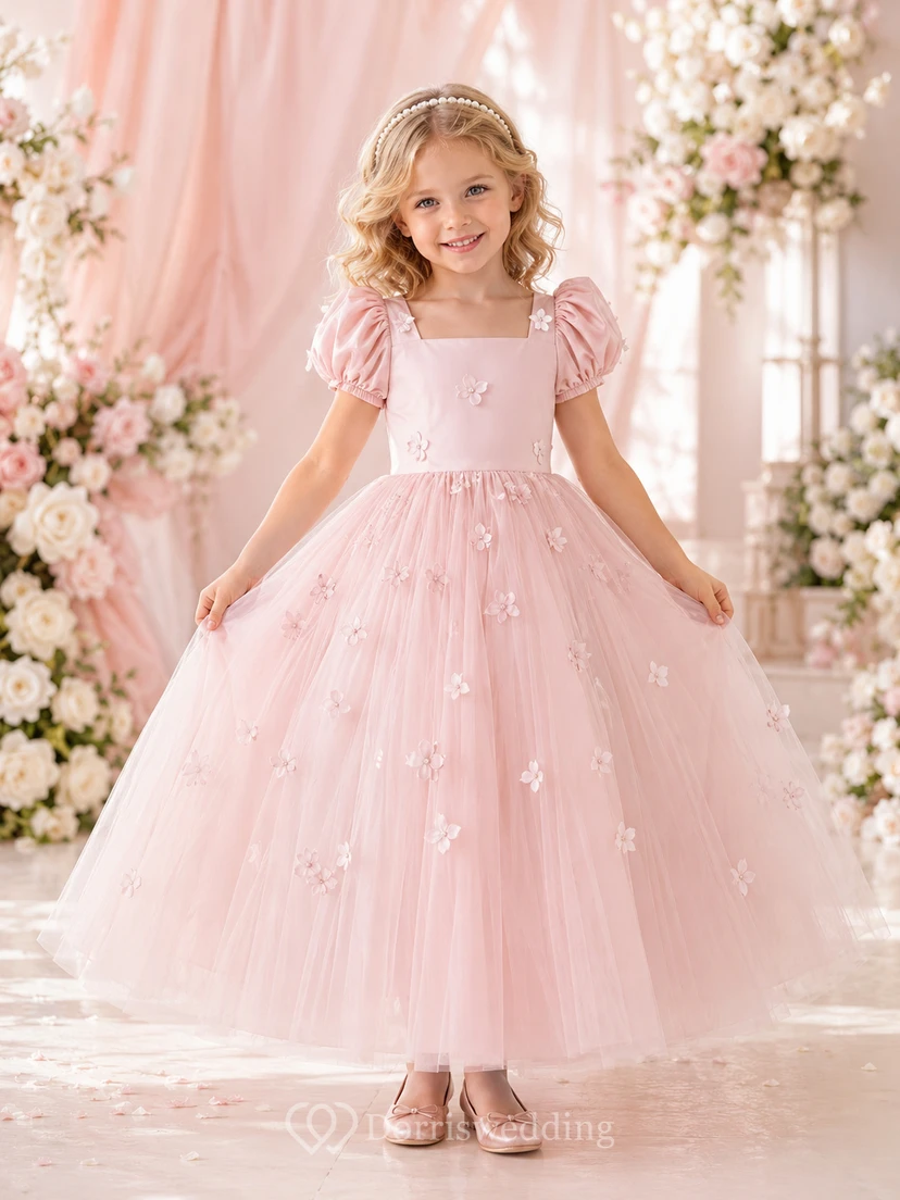 Blumenmädchenkleid aus rosafarbener Spitze und Tüll, A-Linie, kurze Ärmel, Rundhalsausschnitt, Teelänge