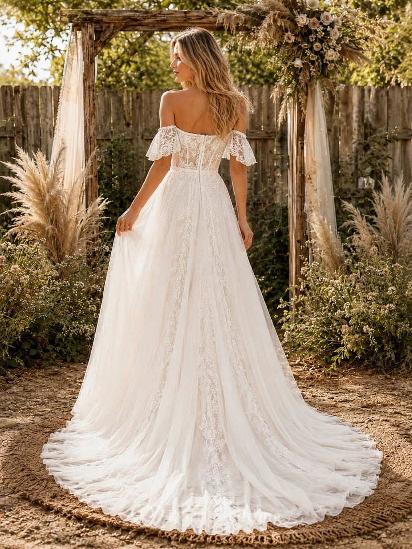 Vestido de novia formal de corte A con hombros descubiertos, estilo bohemio romántico. view 2