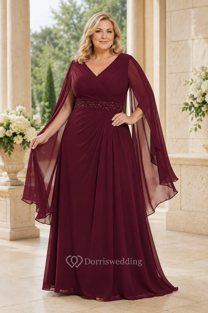 MOB-Kleid aus burgunderrotem Chiffon, A-Linie, Cape-Ärmel, V-Ausschnitt, bodenlang, Cape-Ärmel-Detail