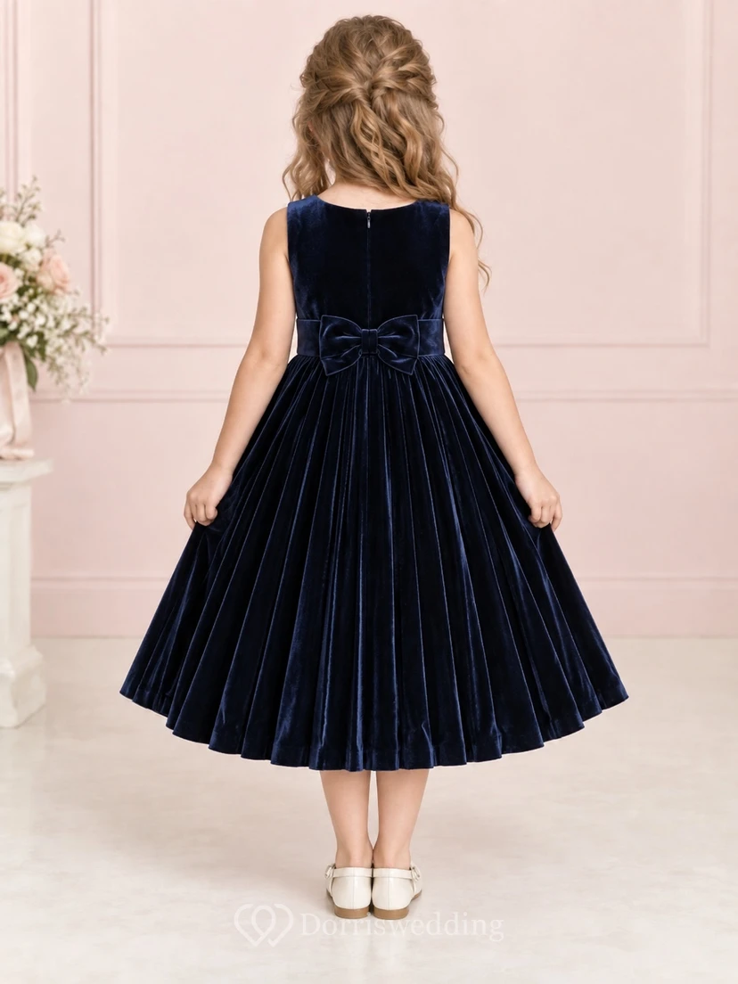 Vintage Tea-length Navy Sleeveless Bow Pleated Velvet Flower Girl Dress view 2