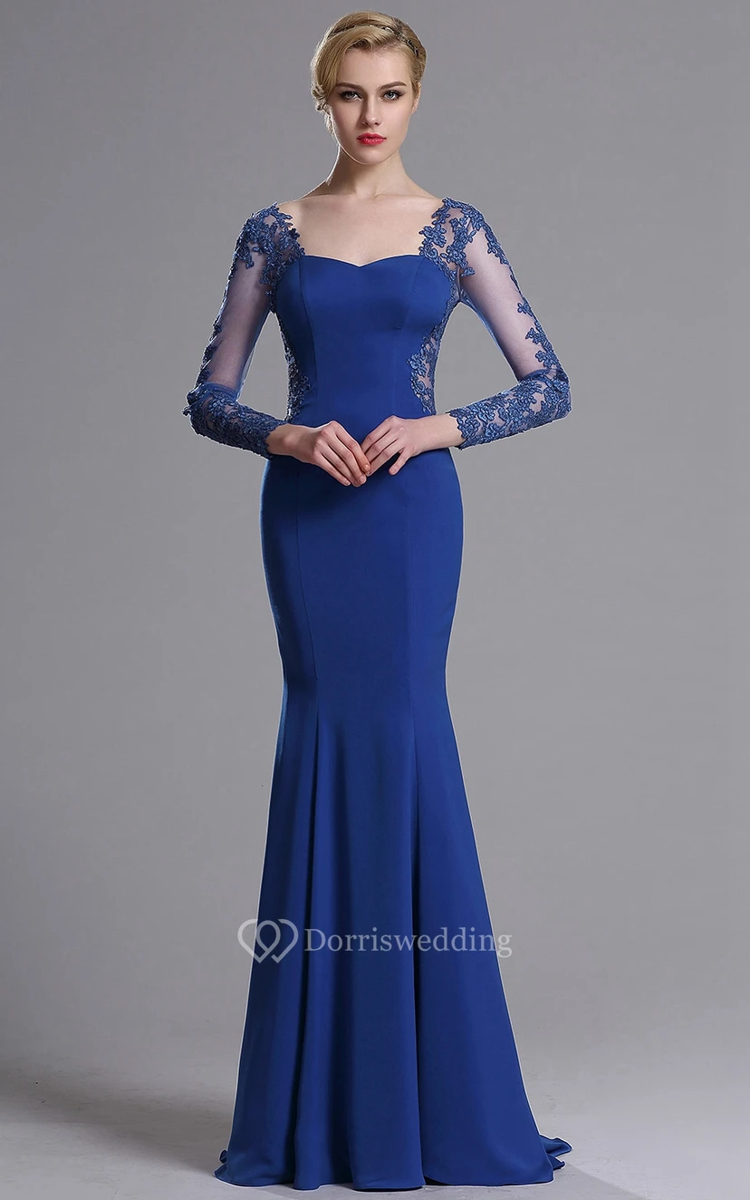 Meerjungfrauen-Kleid aus Jersey mit bodenlangem, herzförmigem Ausschnitt, langen Ärmeln und Spitze sowie Reißverschluss