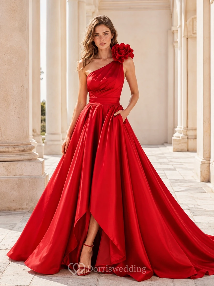 Red One Shoulder Satin Flower Ball Gown Classic