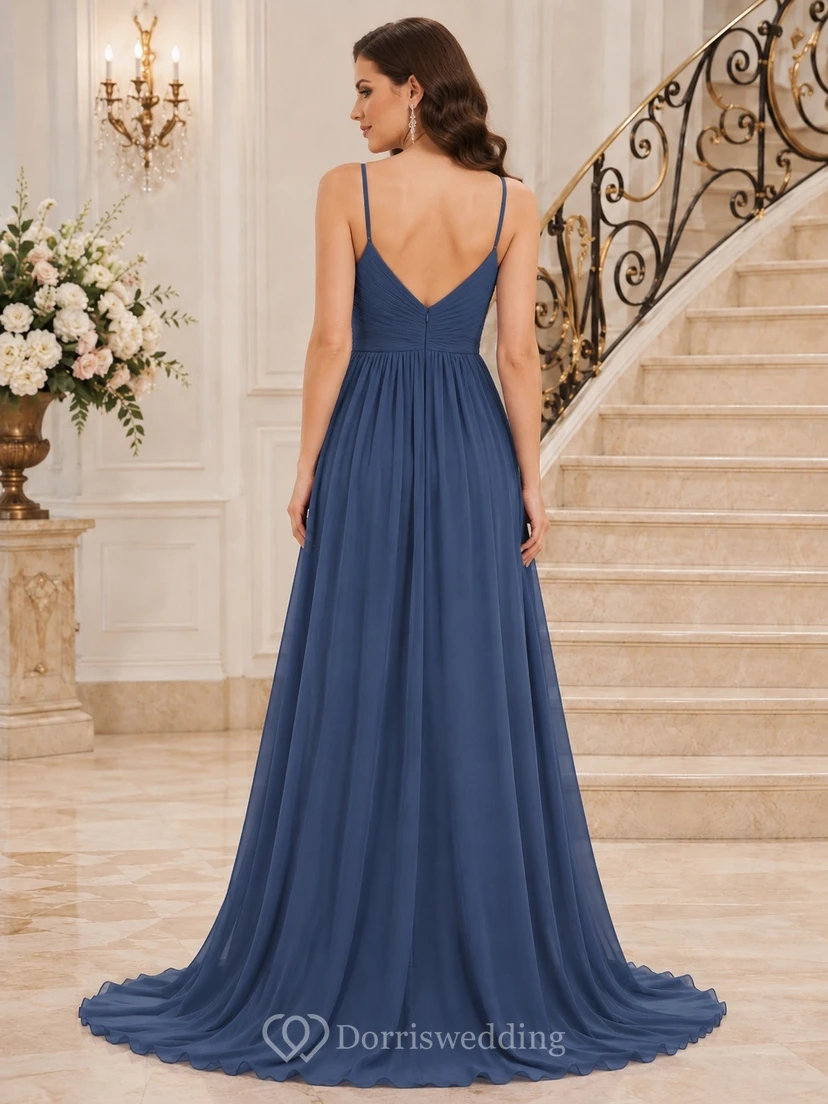 Vestido de fiesta de corte A con escote corazón y tirantes finos de gasa azul marino oscuro view 2