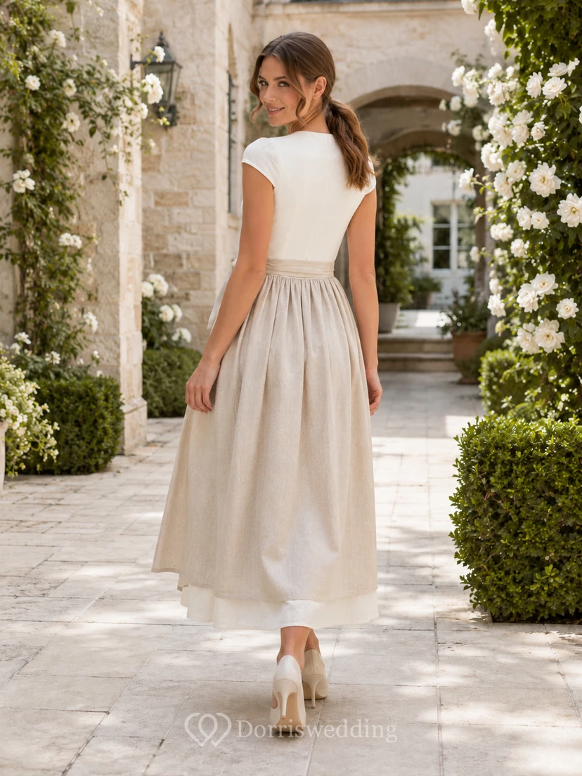 Simple Linen Bridal Dirndl Square Neck Cap Sleeve Ankle Civil Wedding Dress view 2